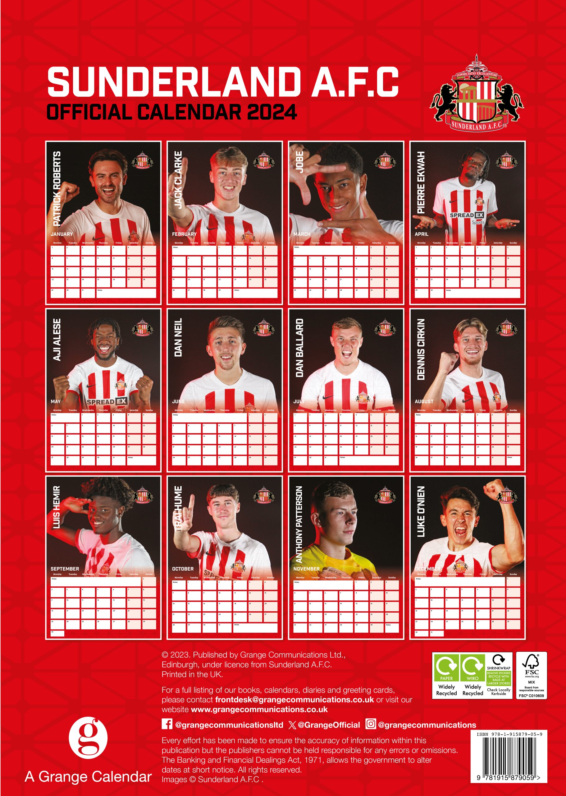 Sunderland AFC A3 Wall Calendar 2025 Grange Communications